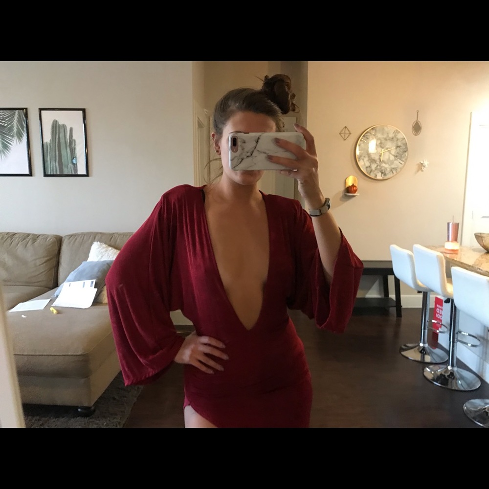 JLUXLABEL Burgundy Deep V High Low Dress
